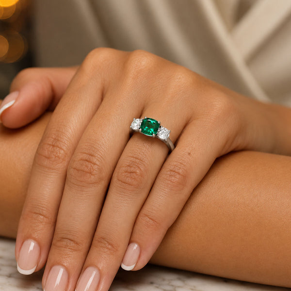 Platinum Natural Emerald And Diamond Three Stone Ring