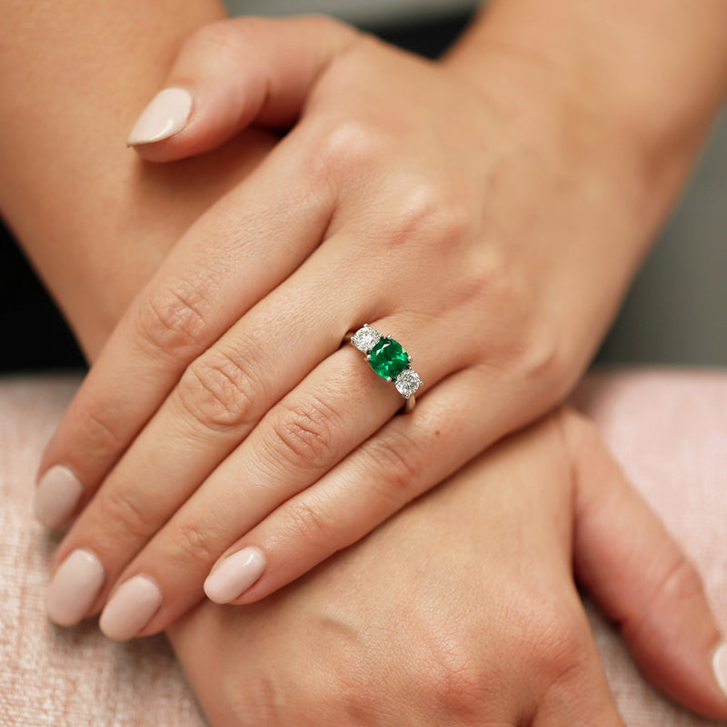 Berry's Platinum Natural Emerald And Diamond Three Stone Ring - Berry's Jewellers