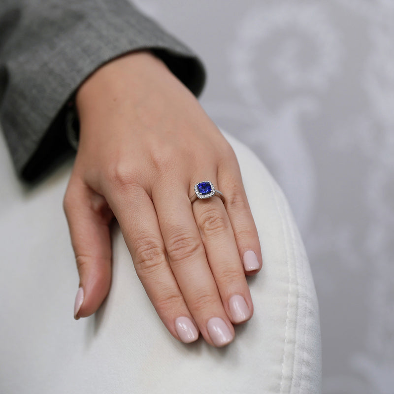 Berry's Platinum Cushion Cut Blue Sapphire & Round Brilliant Cut Diamond Halo Ring - Berry's Jewellers