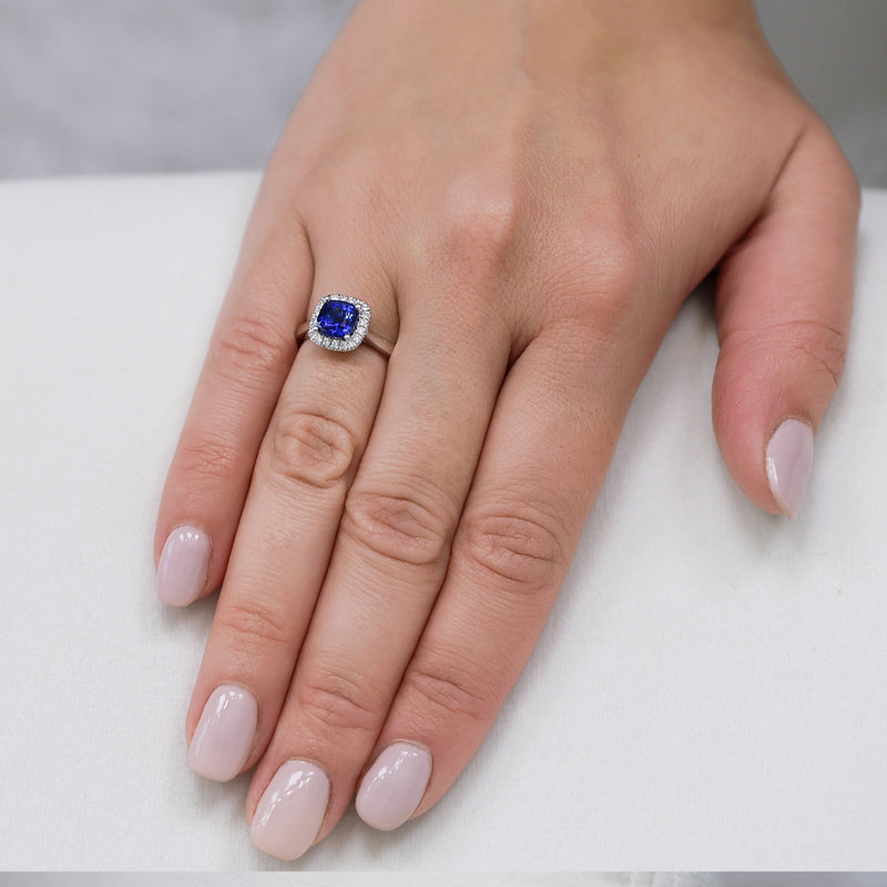 Platinum Cushion Cut Blue Sapphire Round Brilliant Cut Diamond