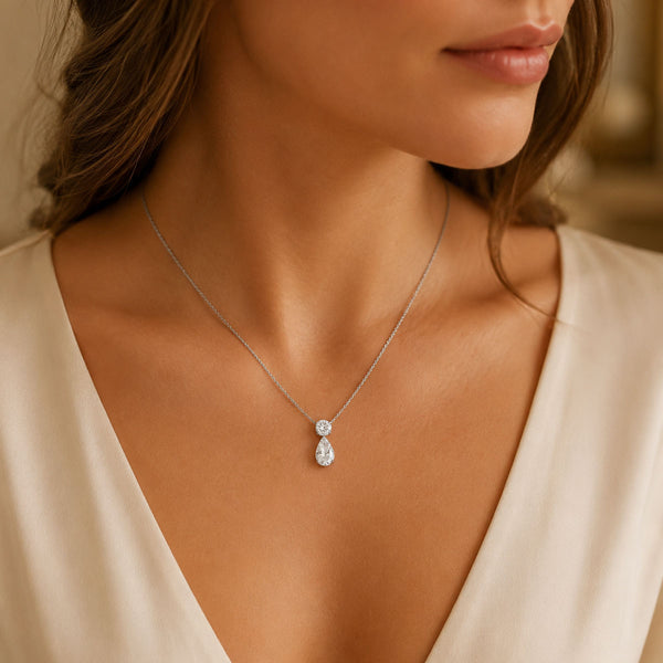 18ct White Gold Pear Cut And Round Brilliant Cut Diamond Drop Pendant