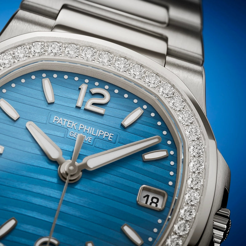Patek Philippe Nautilus 32mm 18ct White Gold Blue Dial Diamond Set Bracelet Watch - Berry's Jewellers