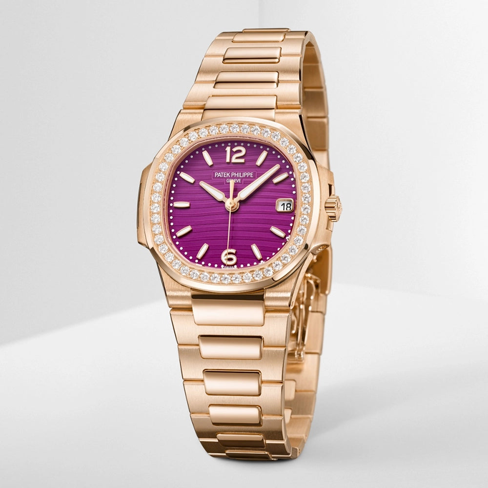 Patek Philippe Nautilus 32mm 18ct Rose Gold Purple Dial Diamond Set Bracelet Watch - Berry's Jewellers