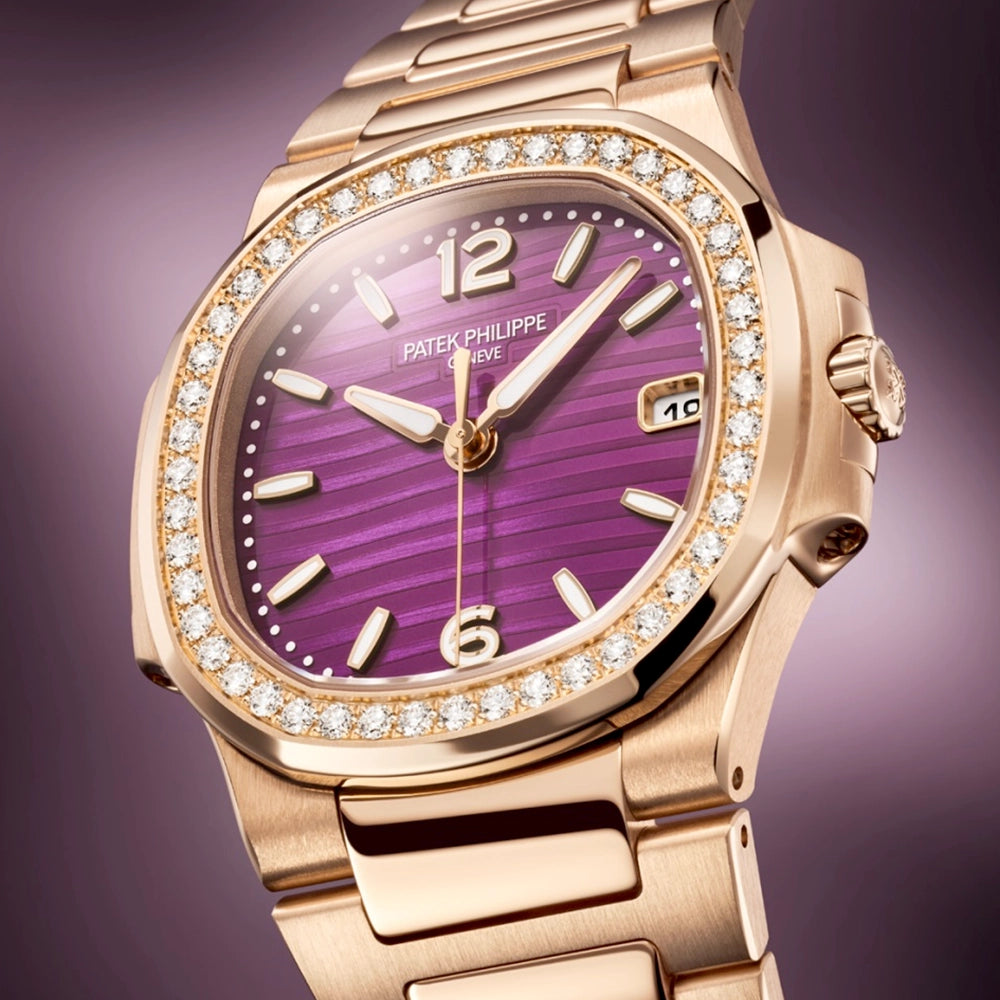Patek Philippe Nautilus 32mm 18ct Rose Gold Purple Dial Diamond Set Bracelet Watch - Berry's Jewellers