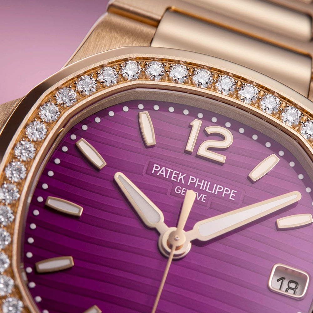 Patek Philippe Nautilus 32mm 18ct Rose Gold Purple Dial Diamond Set Bracelet Watch - Berry's Jewellers