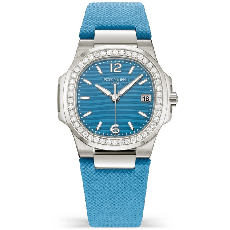 Patek Philippe Nautilus 32mm 18ct White Gold Blue Dial Diamond Set Strap Watch - Berry's Jewellers