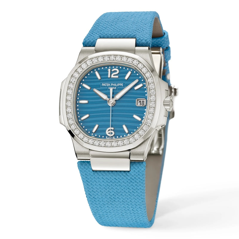 Patek Philippe Nautilus 32mm 18ct White Gold Blue Dial Diamond Set Strap Watch - Berry's Jewellers