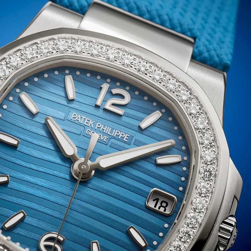 Patek Philippe Nautilus 32mm 18ct White Gold Blue Dial Diamond Set Strap Watch - Berry's Jewellers