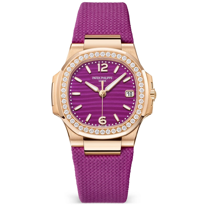 Patek Philippe Nautilus 32mm 18ct Rose Gold Purple Dial Diamond Set Strap Watch - Berry's Jewellers