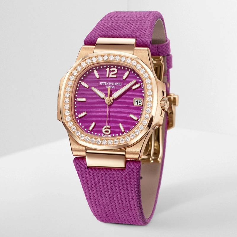 Patek Philippe Nautilus 32mm 18ct Rose Gold Purple Dial Diamond Set Strap Watch - Berry's Jewellers
