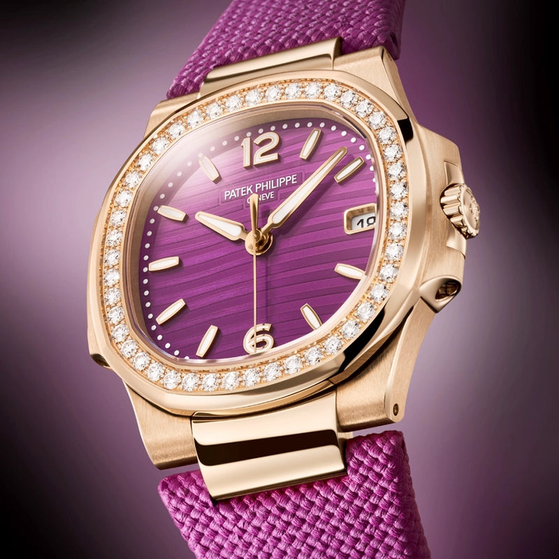 Patek Philippe Nautilus 32mm 18ct Rose Gold Purple Dial Diamond Set Strap Watch - Berry's Jewellers