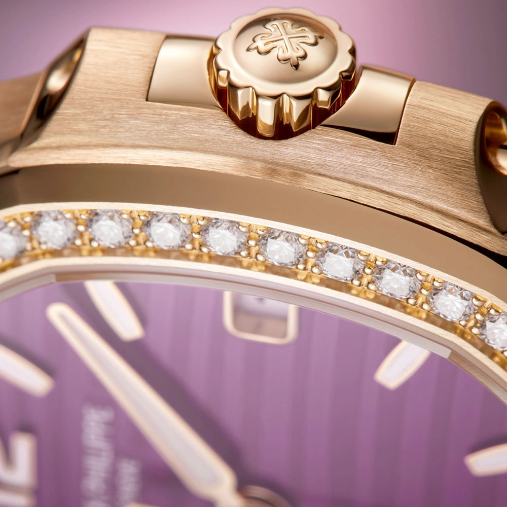 Patek Philippe Nautilus 32mm 18ct Rose Gold Purple Dial Diamond Set Bracelet Watch - Berry's Jewellers
