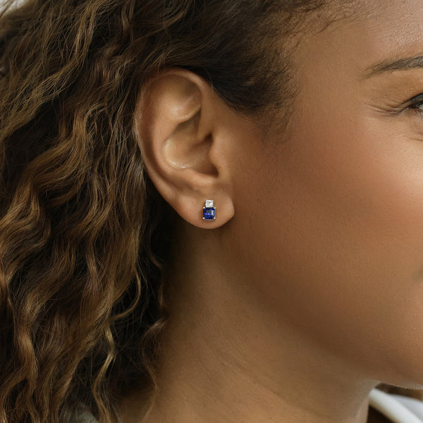 Berry's 18ct White Gold Claw Set Step-Cut Blue Sapphire & Asscher Cut Diamond Earrings - Berry's Jewellers