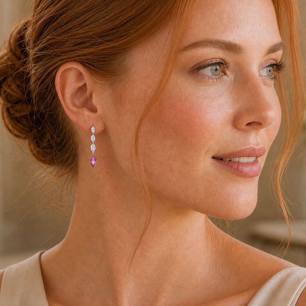 18ct White Gold Marquise Cut Pink Sapphire and Diamond Drop Earrings