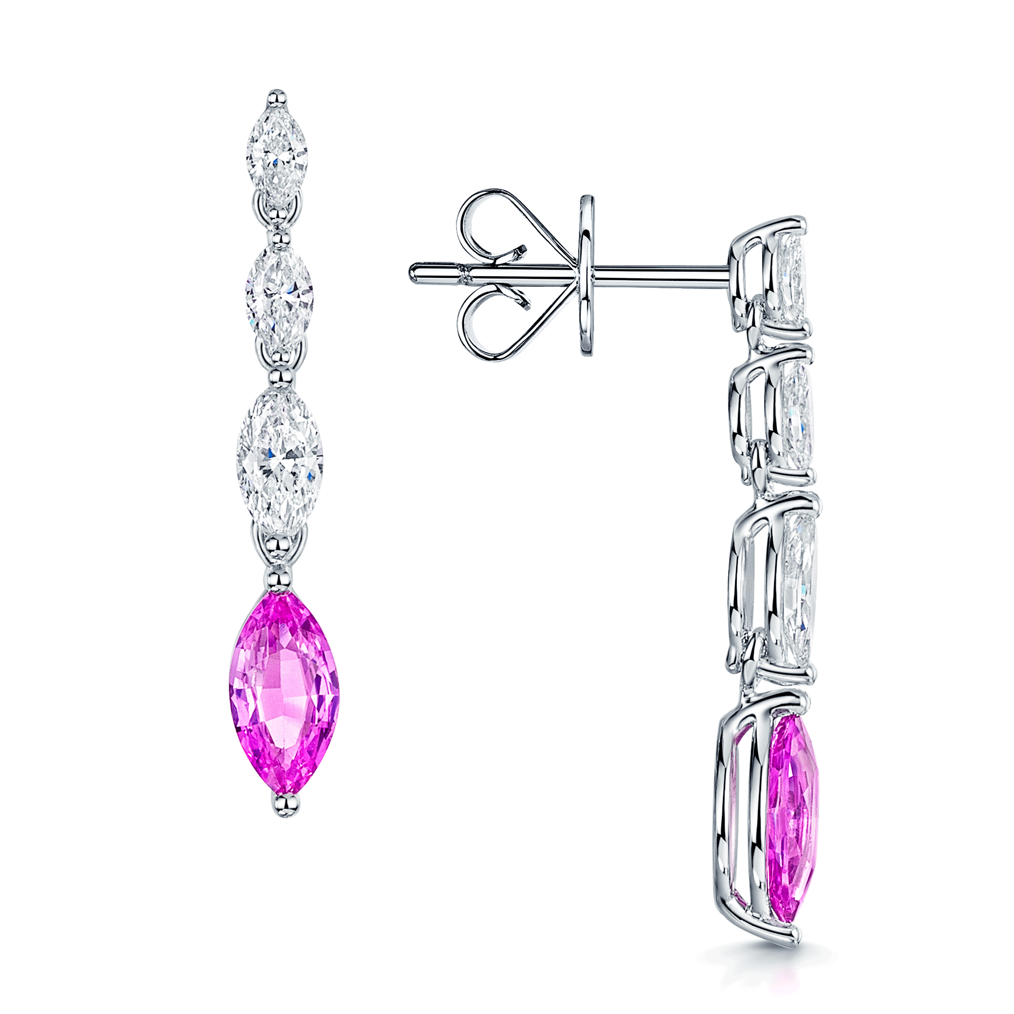 18ct White Gold Marquise Cut Pink Sapphire and Diamond Drop Earrings