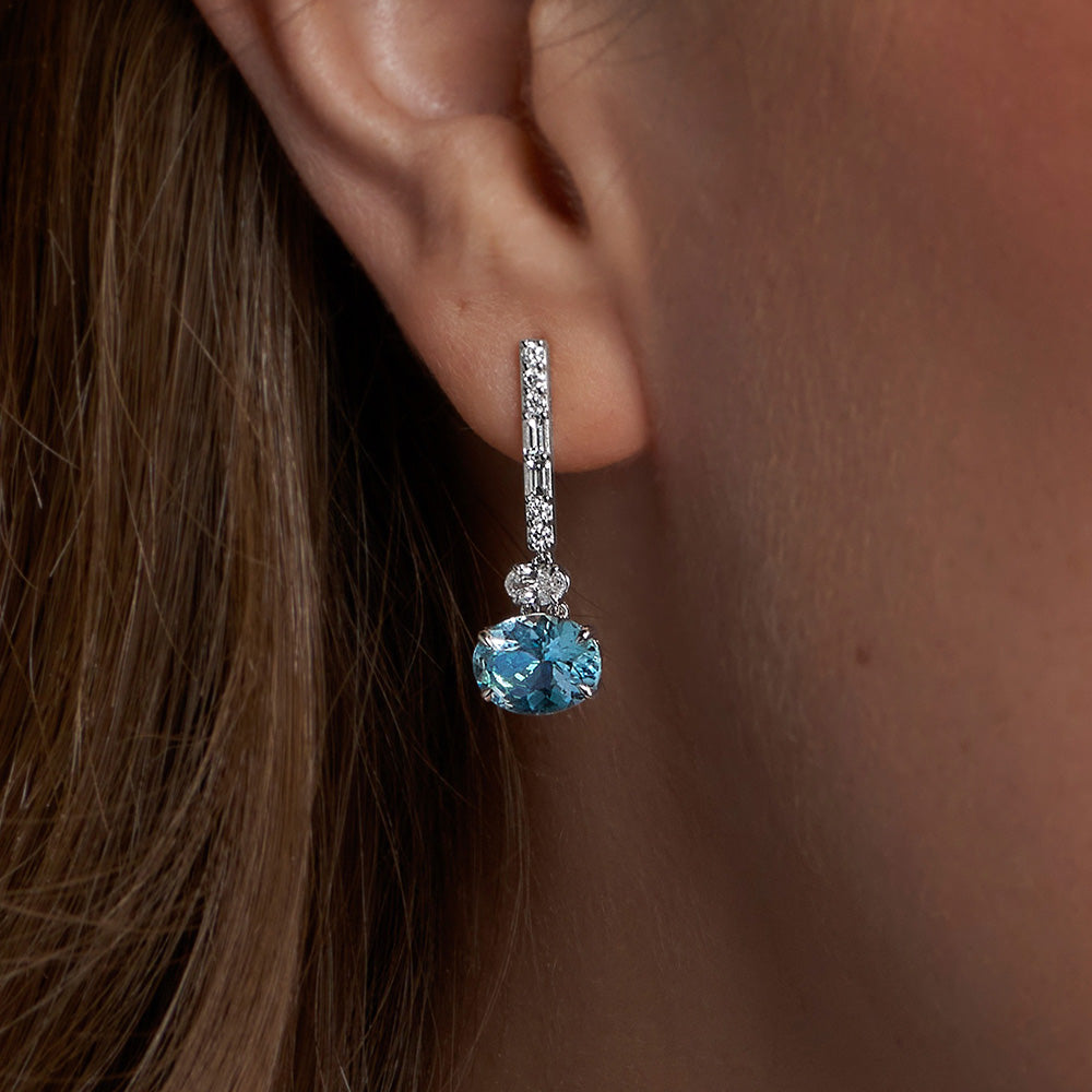 18ct White Gold Oval Cut Aquamarine with Oval, Brilliant & Baguette Cut Diamonds Earrings