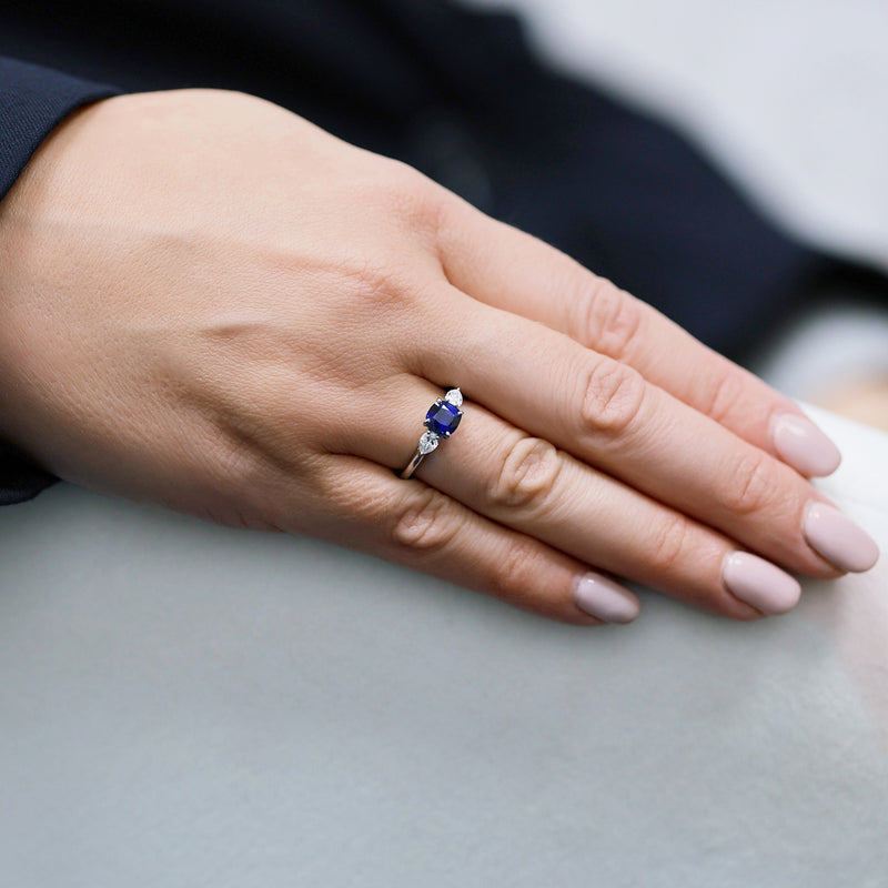 Berry's Platinum Cushion Cut Blue Sapphire & Pear Cut Diamond Three Stone Ring - Berry's Jewellers