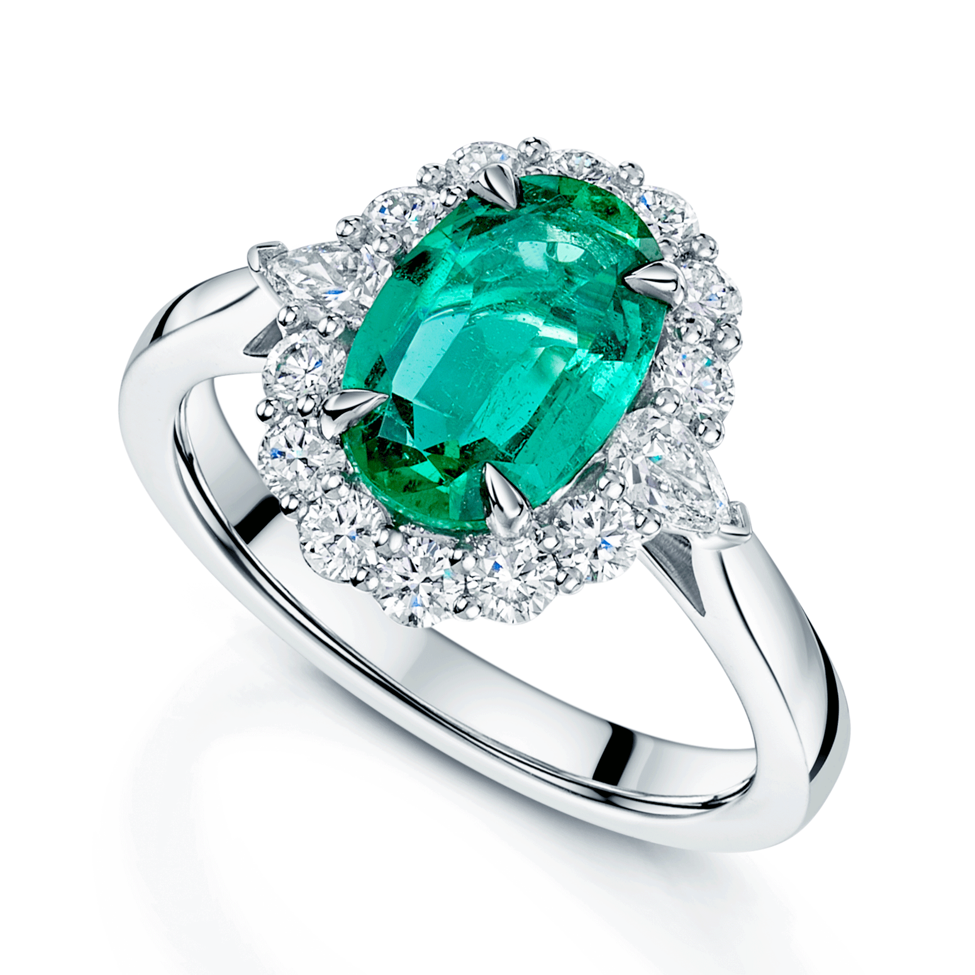 Platinum Oval Cut Emerald And Diamond Halo Cluster Ring