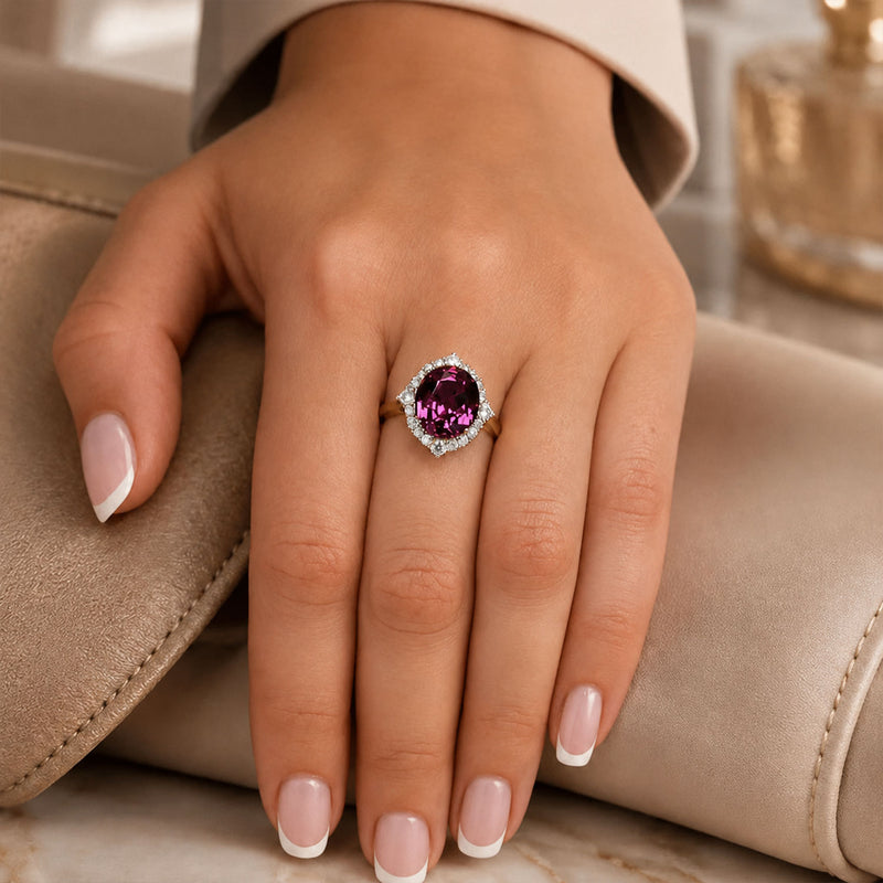 18ct Rose & White Gold Oval Cut Umbalite Garnet In A Diamond Halo Setting Ring