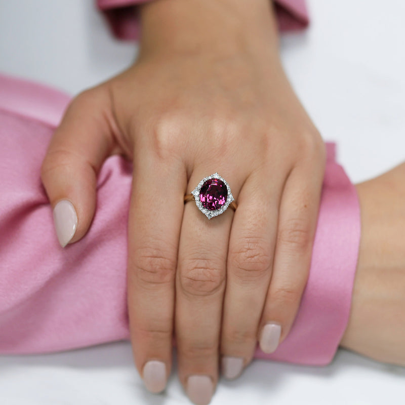 Berry's 18ct Rose & White Gold Oval Cut Umbalite Garnet In A Diamond Halo Setting Ring - Berry's Jewellers