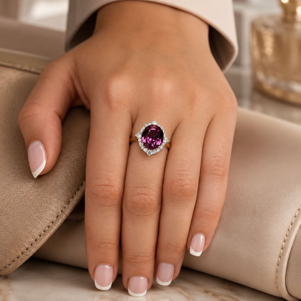 18ct Rose & White Gold Oval Cut Umbalite Garnet In A Diamond Halo Setting Ring