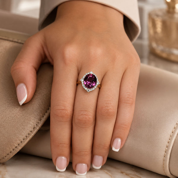 18ct Rose & White Gold Oval Cut Umbalite Garnet In A Diamond Halo Setting Ring