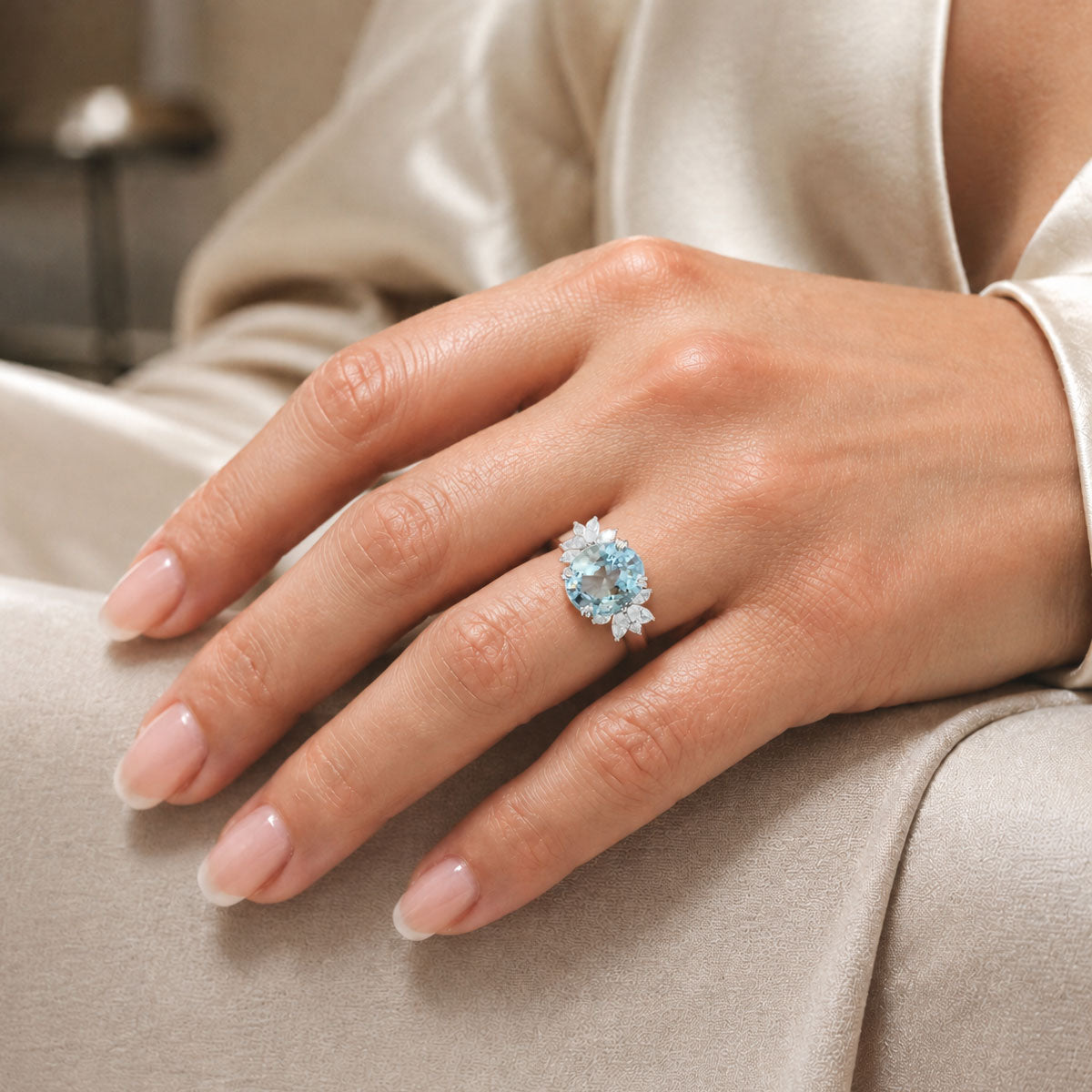 Platinum Oval Aquamarine With Marquise Cut Diamond Cluster Shoulders Ring