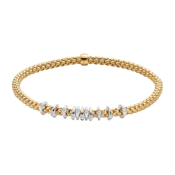 FOPE Prima 18ct Yellow Gold Flex'it Bracelet With Pave Diamond Set Rondels - Berry's Jewellers