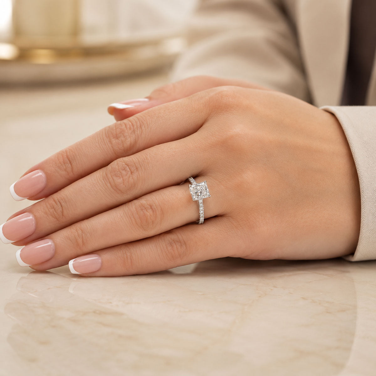 Platinum Radiant Cut Diamond Single Stone Ring With Diamond Shoulders