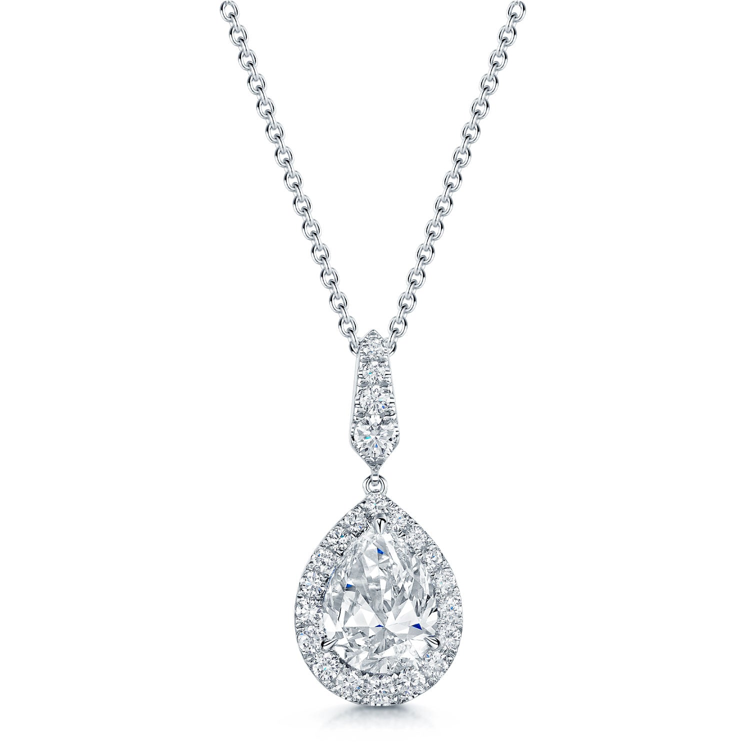 Berry's 18ct White Gold Pear Cut Diamond Necklace With a Halo Surround - Berry's Jewellers