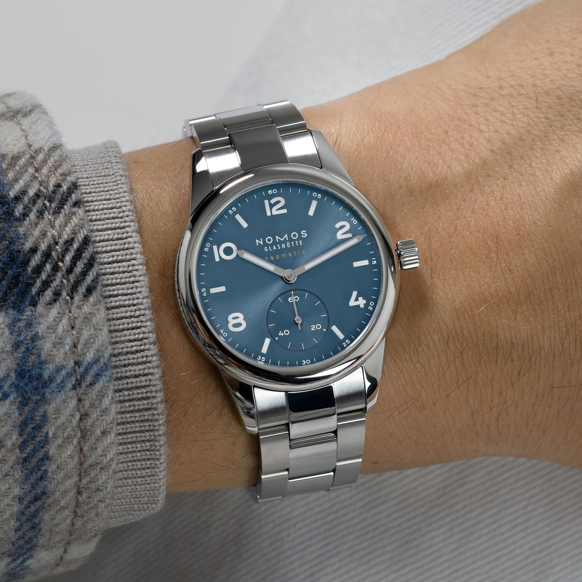 NOMOS Glashütte Club Sport Neomatik Polar 37mm Blue Dial Bracelet Watch - Berry's Jewellers