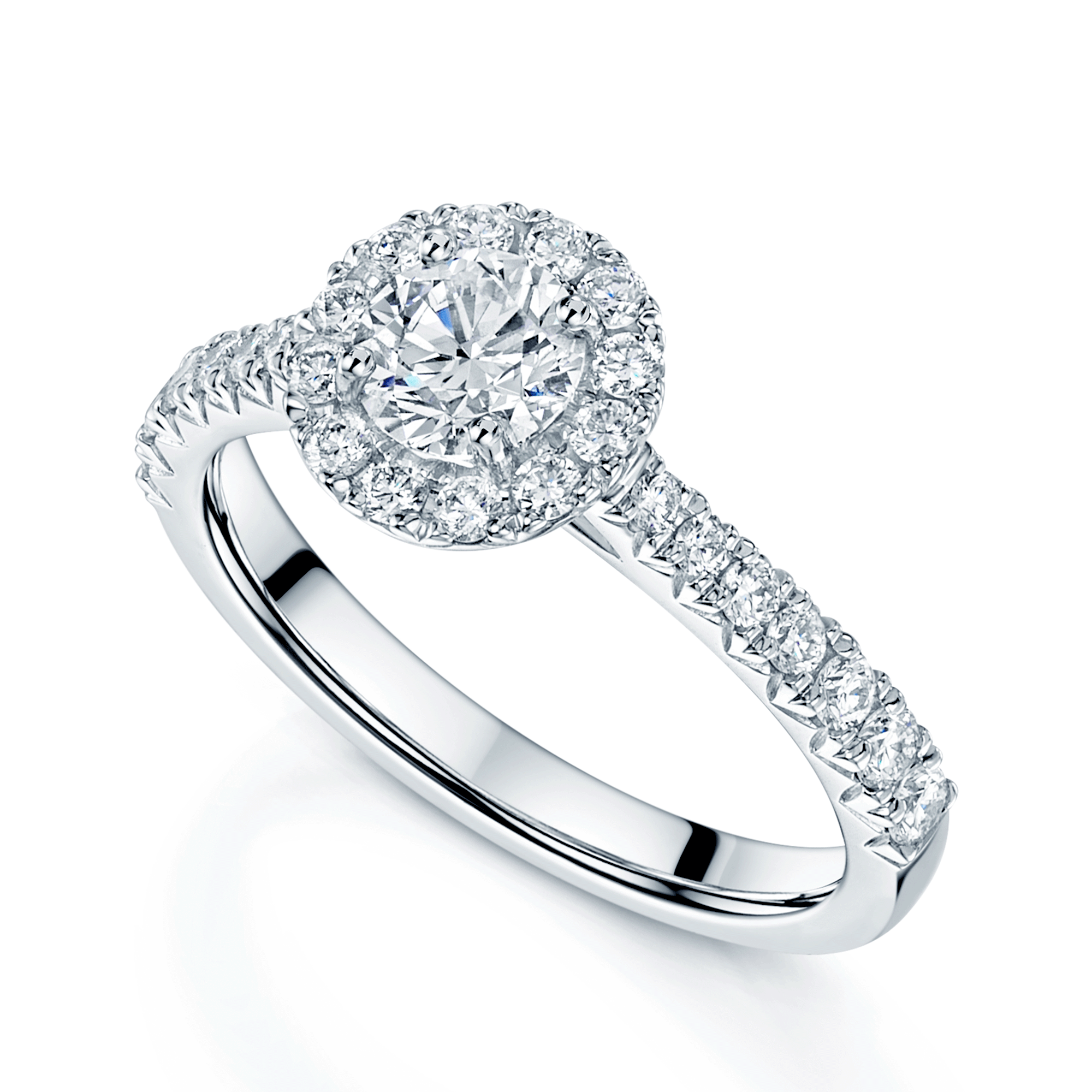 Platinum GIA Certificated Round Brilliant Cut Diamond Halo Ring With Diamond Set Shoulders