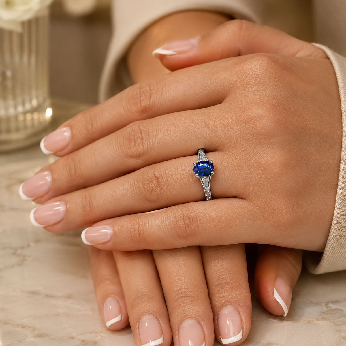 Platinum Oval Claw Set Sapphire Ring With Bead Edge Grain Set Diamond Shoulders