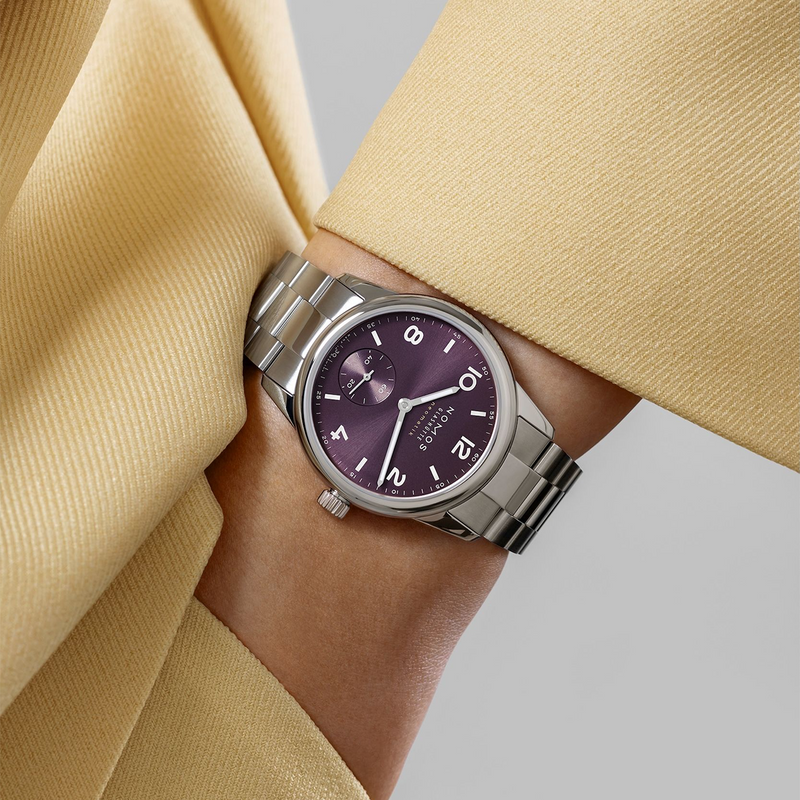 NOMOS Glashütte Club Sport Neomatik 34mm Purple Dial Ladies Bracelet Watch - Berry's Jewellers