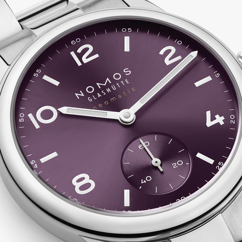 NOMOS Glashütte Club Sport Neomatik 34mm Purple Dial Ladies Bracelet Watch - Berry's Jewellers