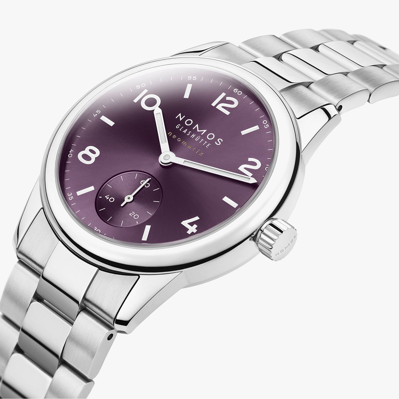 NOMOS Glashütte Club Sport Neomatik 34mm Purple Dial Ladies Bracelet Watch - Berry's Jewellers