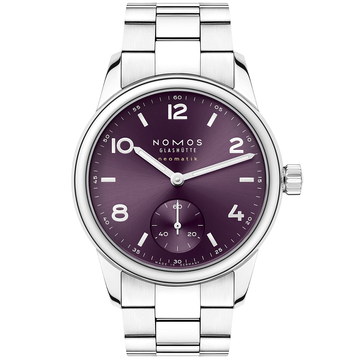 NOMOS Glashütte Club Sport Neomatik 34mm Purple Dial Ladies Bracelet Watch - Berry's Jewellers
