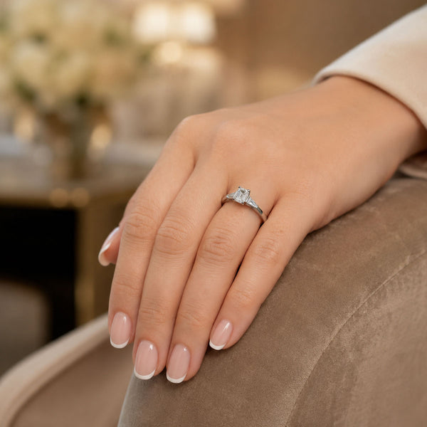 Platinum GIA Certificated Emerald Cut Diamond And Tapered Baguette Cut Three Stone Engagement Ring
