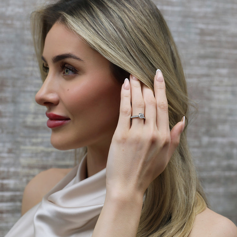 Platinum GIA Certificated Round Brilliant Cut Diamond Ring With Diamond Shoulders