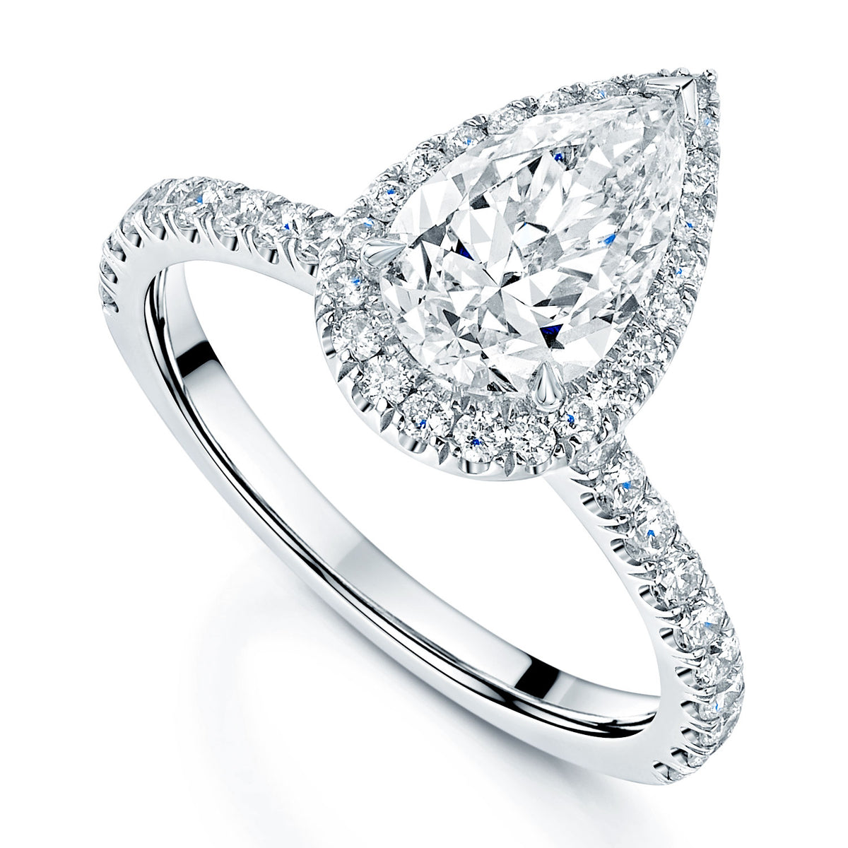 Platinum Pear Cut Diamond Halo Ring With Diamond Shoulders