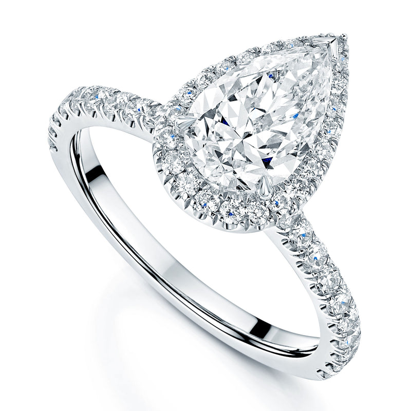 Platinum Pear Cut Diamond Halo Ring With Diamond Shoulders