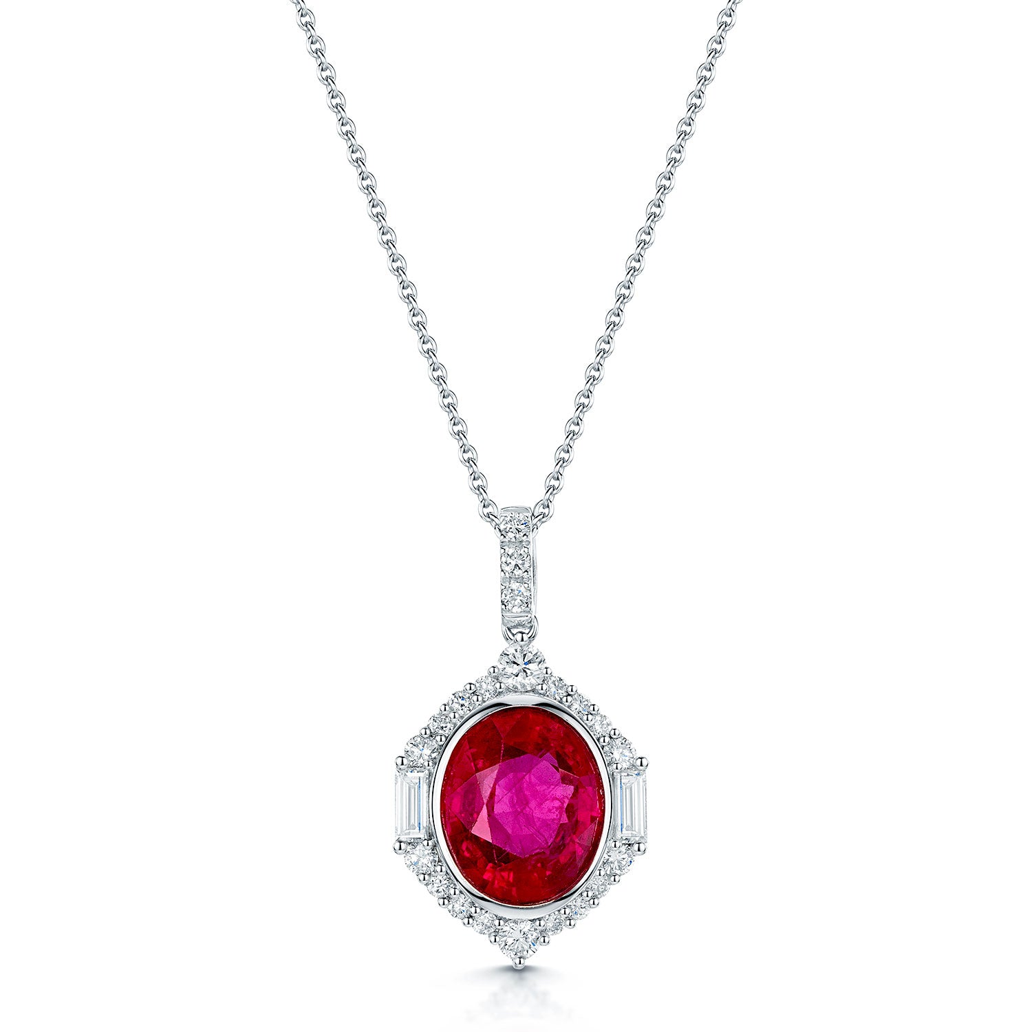 18ct White Gold Oval Cut Ruby And Diamond Art Deco Style Halo Pendant