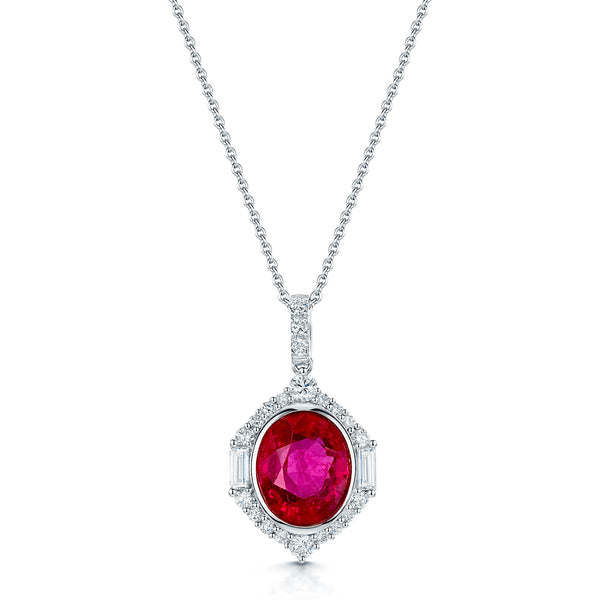 18ct White Gold Oval Cut Ruby And Diamond Art Deco Style Halo Pendant