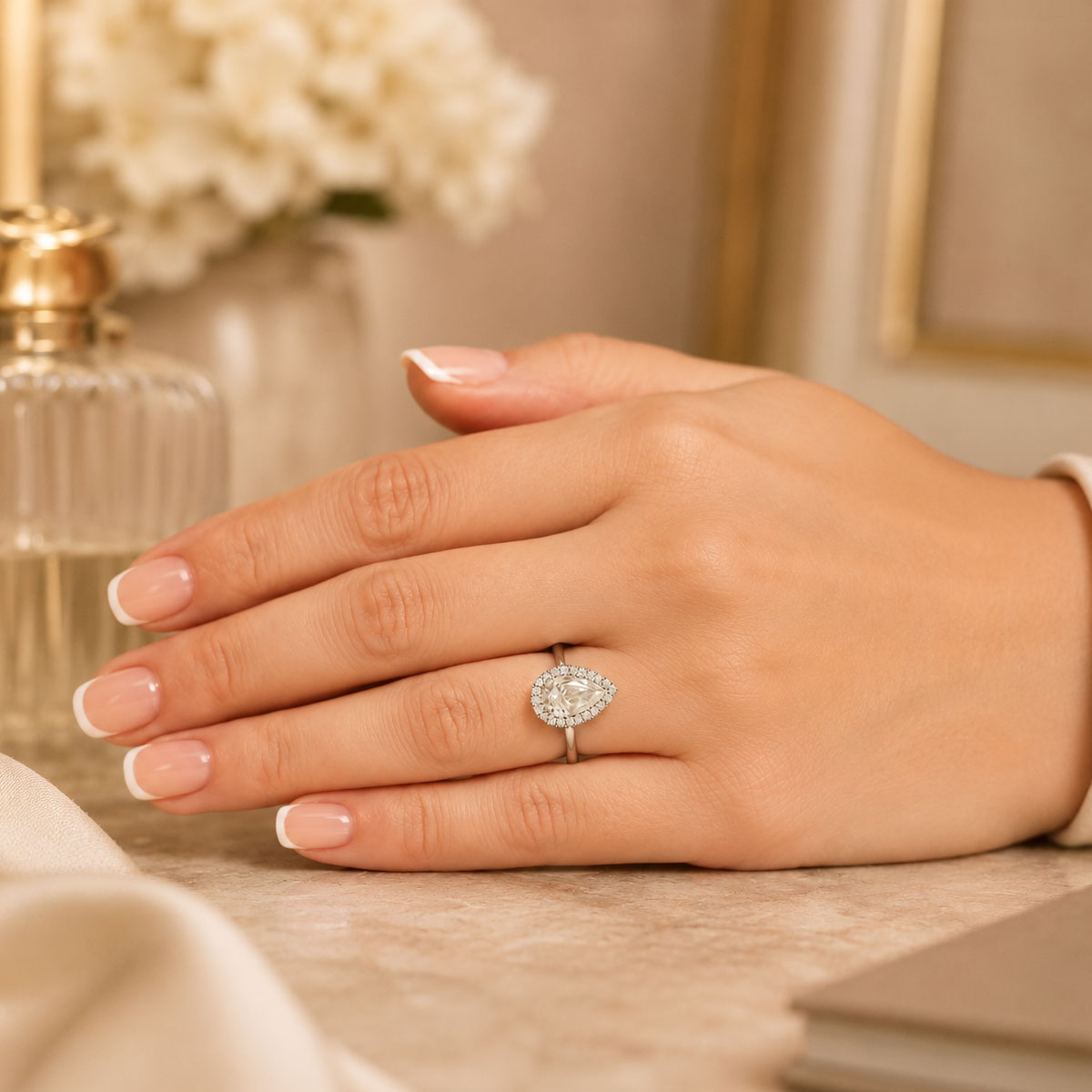 Platinum GIA Certificated Pear Cut Diamond Engagement Ring With Halo Surround