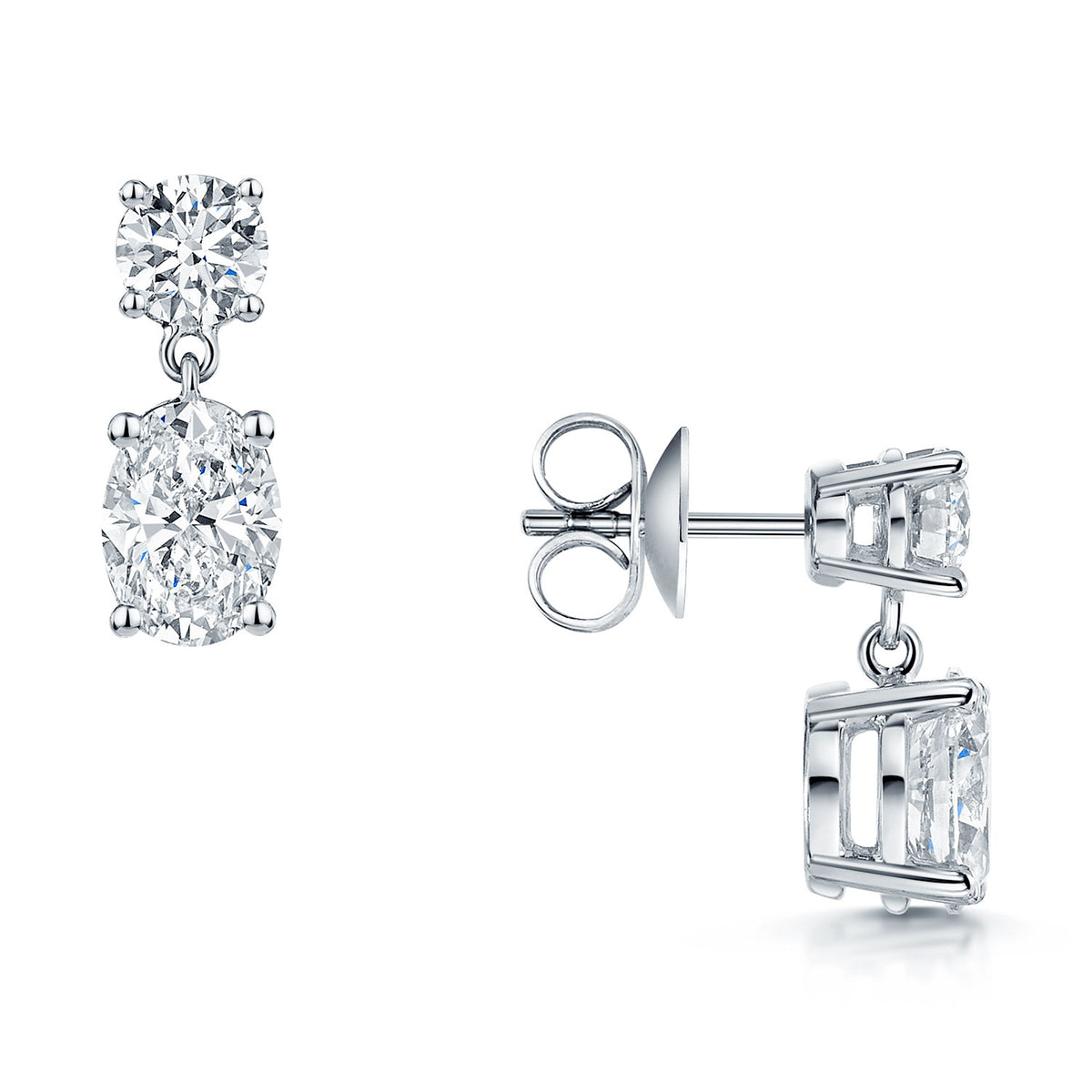 18ct White Gold Round Brilliant and Oval Diamond Drop Earrings