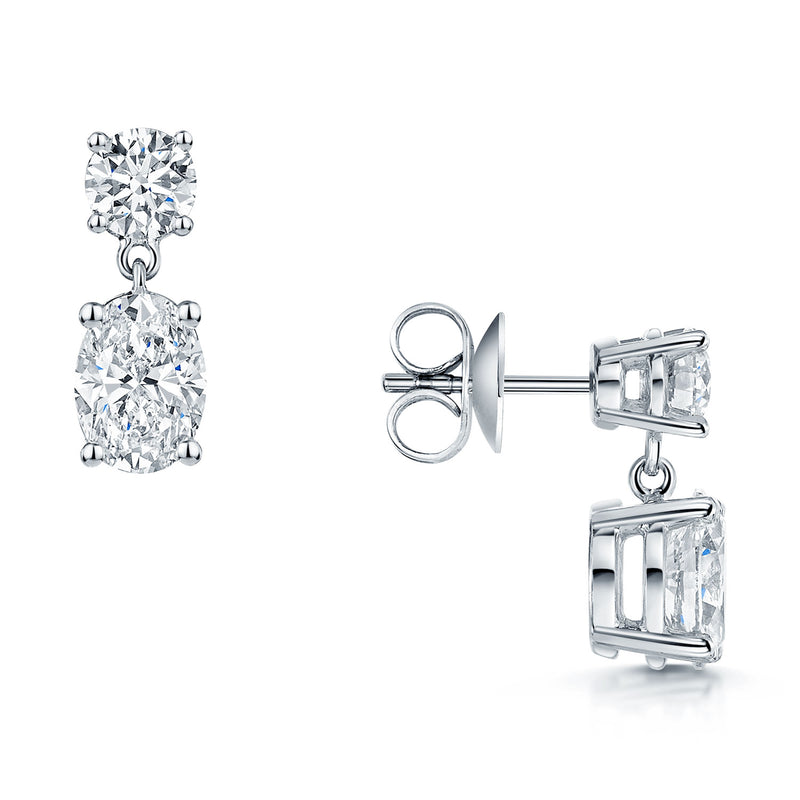 18ct White Gold Round Brilliant and Oval Diamond Drop Earrings