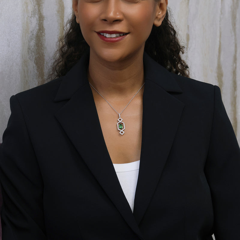 Berry's 18ct White Gold Oval Cut Tsavourite Garnet And Diamond Art Deco Style Frame Pendant - Berry's Jewellers