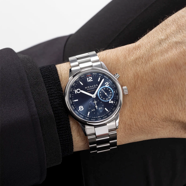 NOMOS Glashütte Club Sport Neomatik Worldtimer 40mm Blue Dial Mens Bracelet Watch - Berry's Jewellers