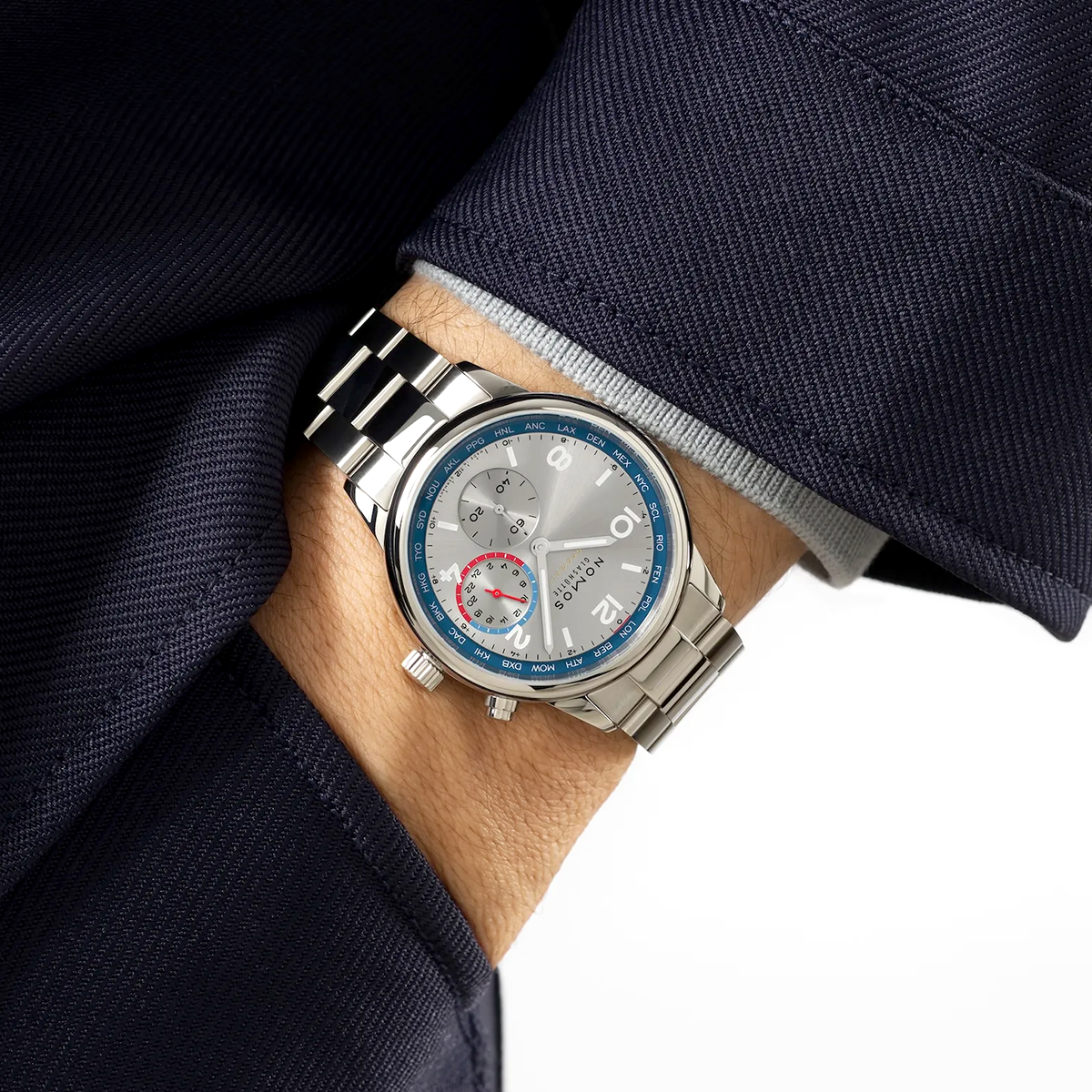 NOMOS Glashütte Club Sport Neomatik Worldtimer 40mm Silver Dial Mens Bracelet Watch - Berry's Jewellers