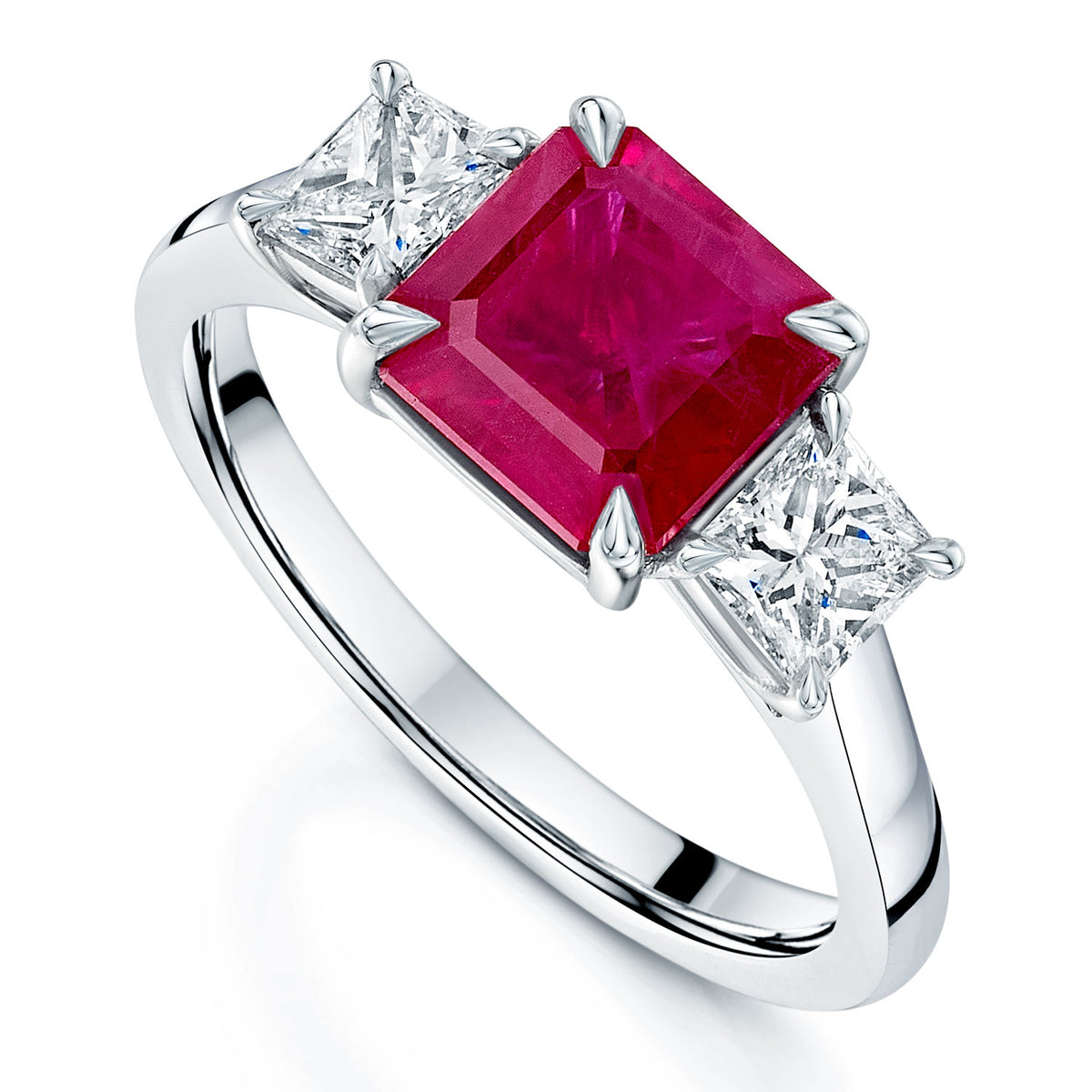 Platinum Ruby And Princess Cut Diamond Three Stone Ring